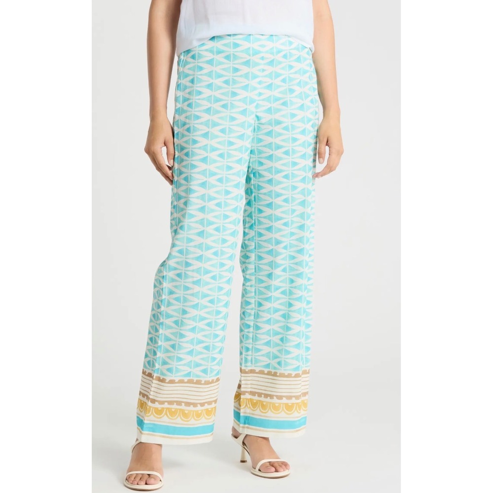 J.McLaughlin Carter Wide Leg Pants Womens Size 12 Turquoise Print Boho Resort
